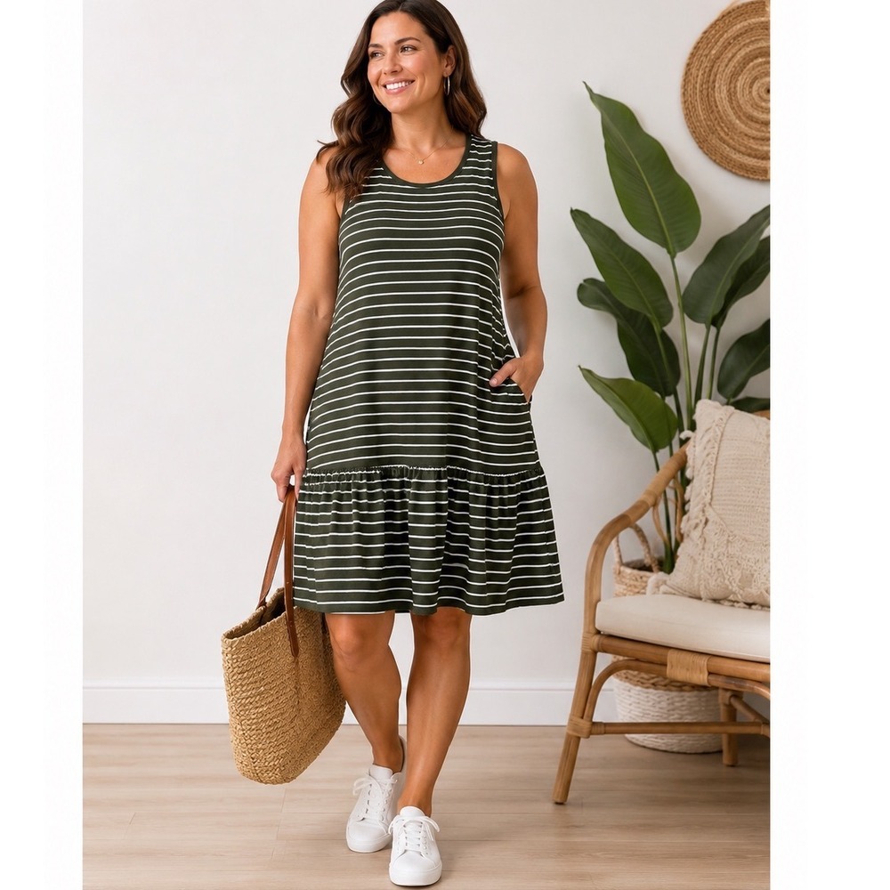 Sonoma XXL Olive Green White Striped Knit Tank Mini Dress Ruffle Hem Pockets NWT